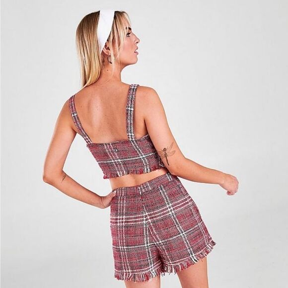 Fila Jester Italia Plaid Tweed Red White Square Neck Crop Tank Top Raw Hem XS - Picture 4 of 11